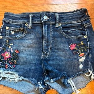 American Eagle Outfitters Blue Jean Shorts with Floral Embroidery